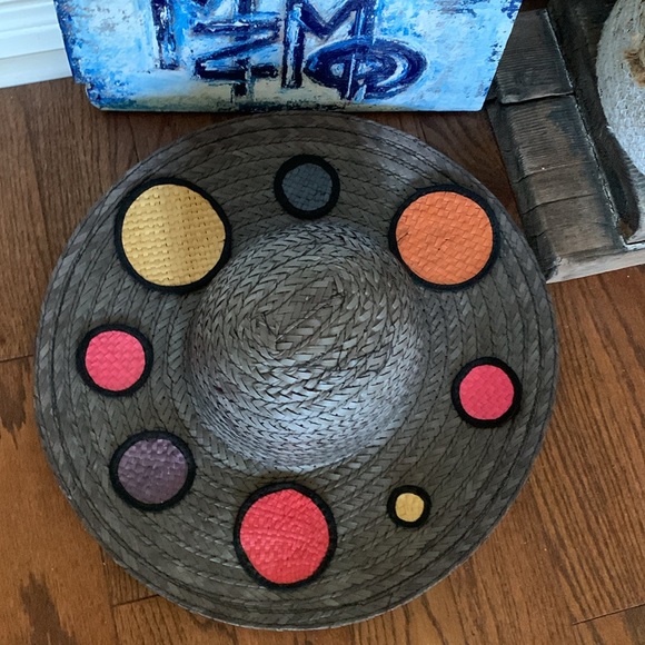 Emmanuel Geraldo Light Black Straw Wide Brim Colourful Hat Polka Dot Embellished - Picture 1 of 17